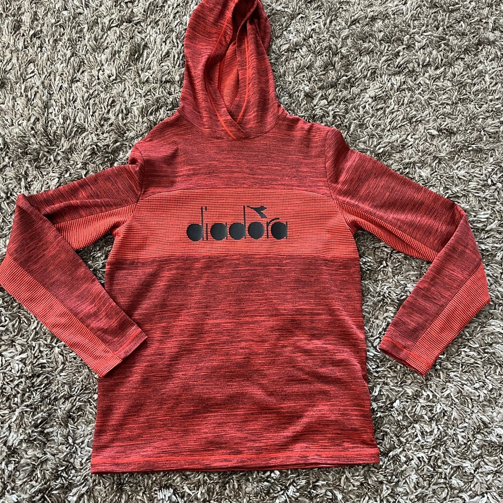 Diadora Boy Size Large, long-sleeve hooded T-shirt, like new, rust orange color